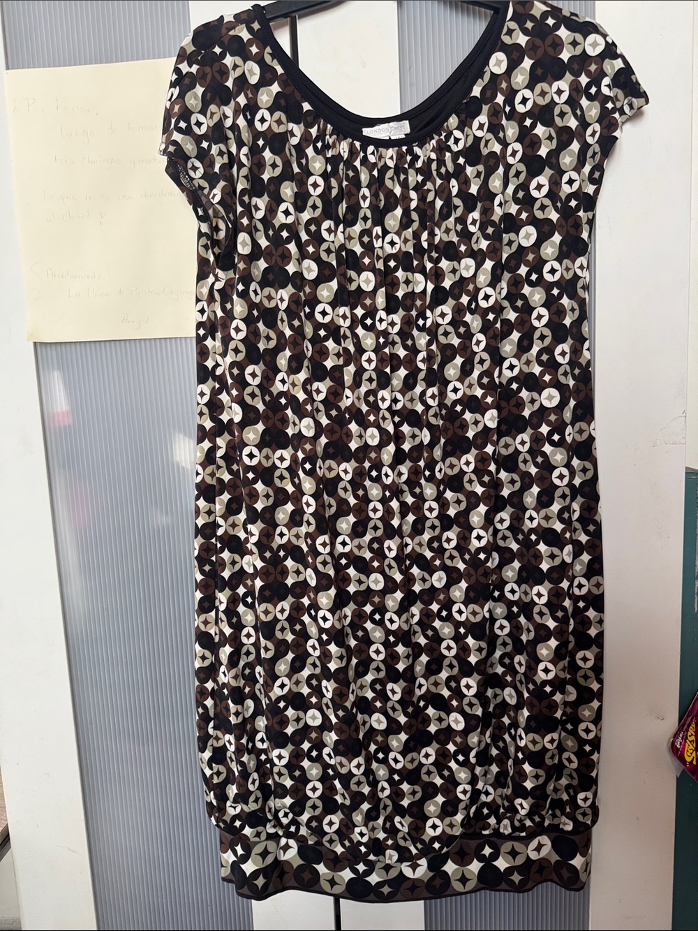 London Times Black, Brown and Cream Geometric Cap-Sleeve Dress